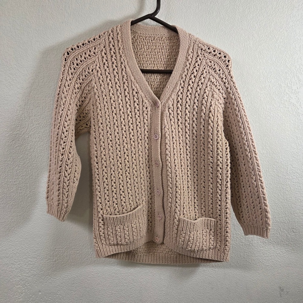 Vintage Handknit Beige Chunky Cable Knit V-Neck Button Front Cardigan Sweater